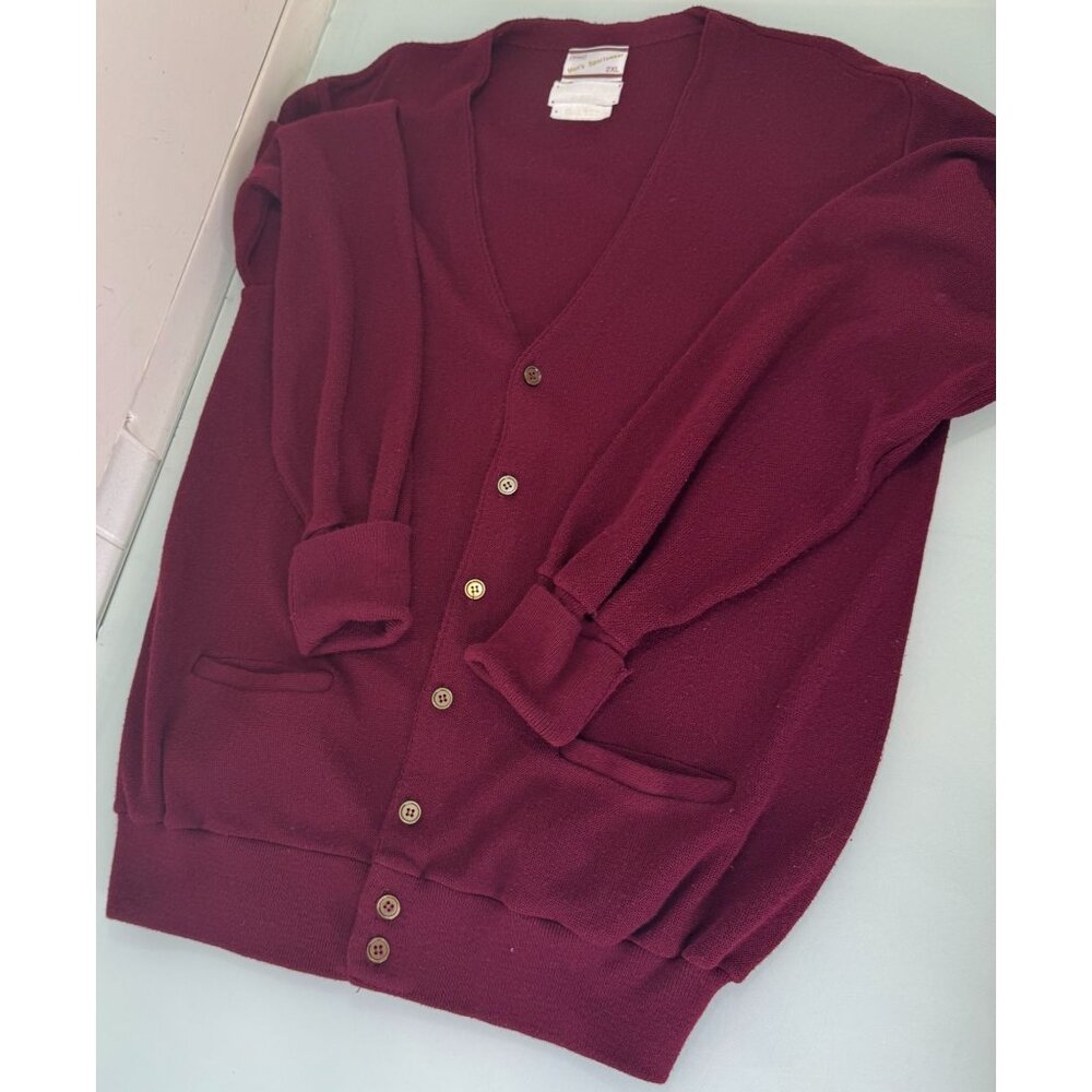 Vintage Sears Cardigan Mens 2XLT 2XL Tall Pockets Burgundy Grandpa 70's 80's